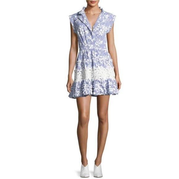 $583 Alexis Blue White Olya Sleeveless Striped Flower Embroidered Mini D… - Picture 4 of 14